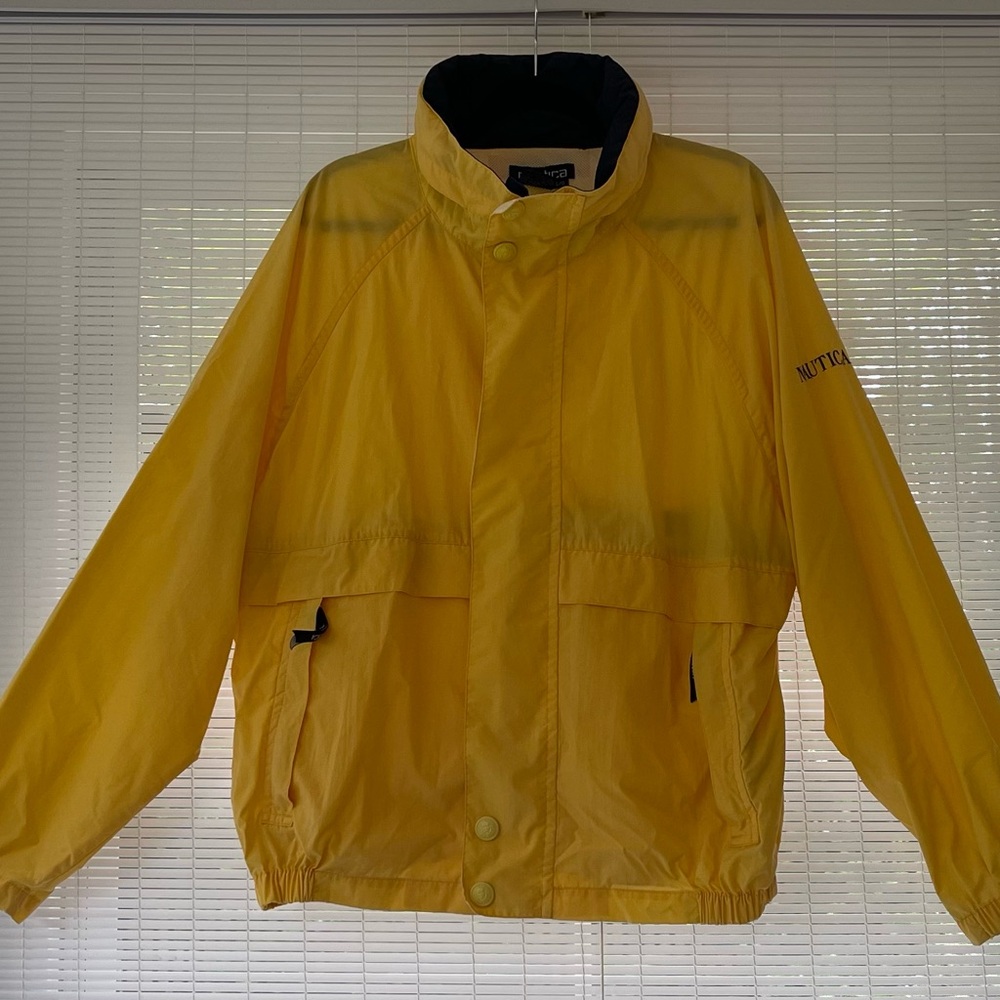 Vintage Nautica Windbreaker Jacket Fold-In Hood Full Zip Logo Yellow Mens XLarge